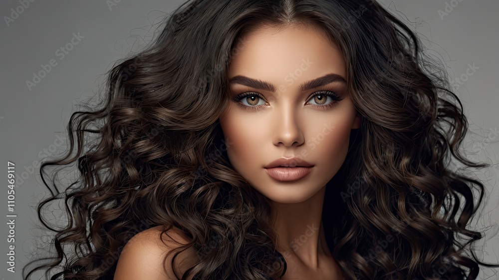 Beauty brunette girl with long and shiny wavy black hair . Beautiful woman model with curly hairstyle . Cosmetology , beauty and spa Beauty brunette girl with long and shiny wavy black hair . Beautiful woman model with curly hairstyle . Cosmetology , beauty and spa