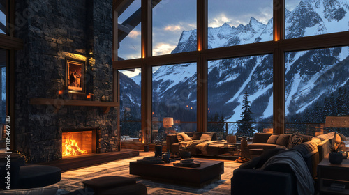 A luxurious mountain lodge with floor-to-ceiling windows overlooking snowy peaks, a crackling fireplace, and comfortable seating.