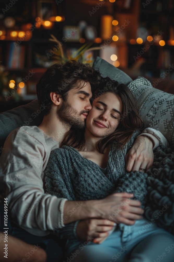 Man and a woman are cuddling on a couch. The man is kissing the woman's neck. Scene is romantic and affectionate Man and a woman are cuddling on a couch. The man is kissing the woman's neck. Scene is romantic and affectionate