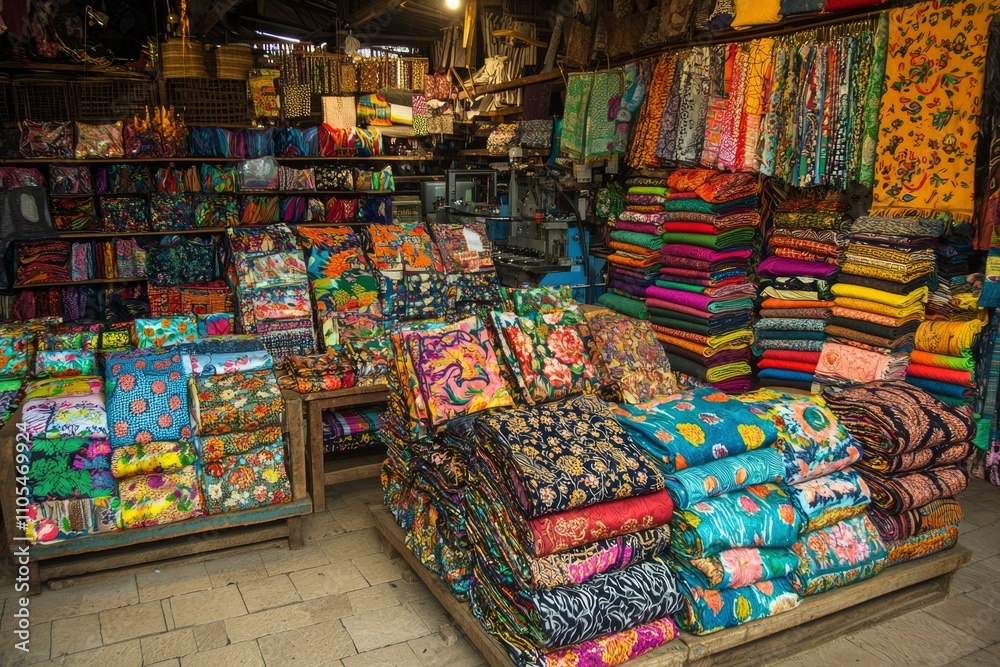 Fototapeta premium Vibrant Textile Shop Displays Colorful Fabrics and Pillows