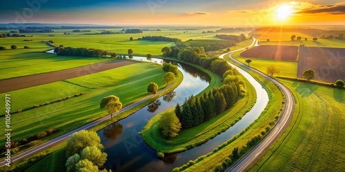 Aerial View of an Endless Road Embracing Wellness Concepts with Lush Greenery and Serene Landscapes Promoting Tranquility and Connection to Nature for Mindful Journeys