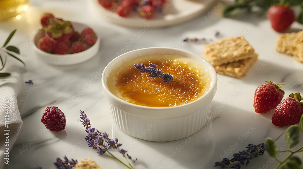 Honey Lavender Crème Brûlée with Shortbread, Modern French Dessert Photography Honey Lavender Crème Brûlée with Shortbread, Modern French Dessert Photography