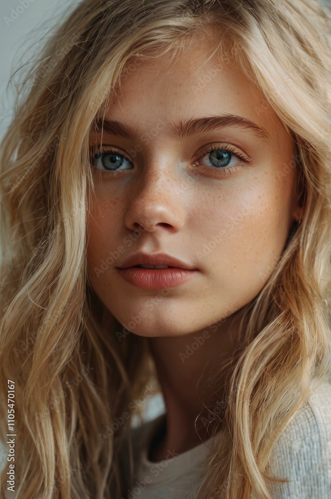 Blonde girl with glowing skin and natural beauty looks at the camera Blonde girl with glowing skin and natural beauty looks at the camera