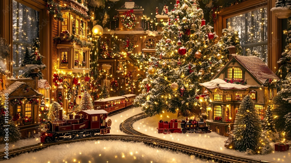 A classic Christmas setting with a toy train and railway running around a decorated Christmas tree. The warm glow of the lights and the festive decorations create a magical atmosphere. A classic Christmas setting with a toy train and railway running around a decorated Christmas tree. The warm glow of the lights and the festive decorations create a magical atmosphere.