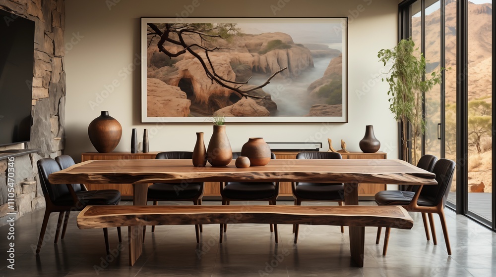 Fototapeta premium Live edge dining table with wooden chairs in a modern dining room, complemented by a bold art poster frame for a contemporary look.