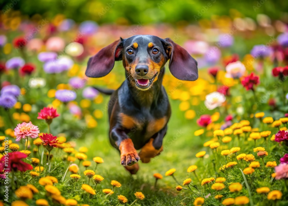 Aerial View of a Playful Dachshund Dog Running in the Park Surrounded by Lush Green Grass and Colorful Flowers on a Sunny Day, Perfect for Pet Lovers and Dog Enthusiasts Aerial View of a Playful Dachshund Dog Running in the Park Surrounded by Lush Green Grass and Colorful Flowers on a Sunny Day, Perfect for Pet Lovers and Dog Enthusiasts