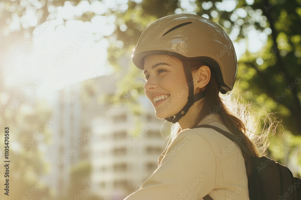 A young woman wearing a helmet smiles as she bikes through a picturesque, sunny park setting. The sunlight and greenery evoke a sense of freedom and happiness. A young woman wearing a helmet smiles as she bikes through a picturesque, sunny park setting. The sunlight and greenery evoke a sense of freedom and happiness.