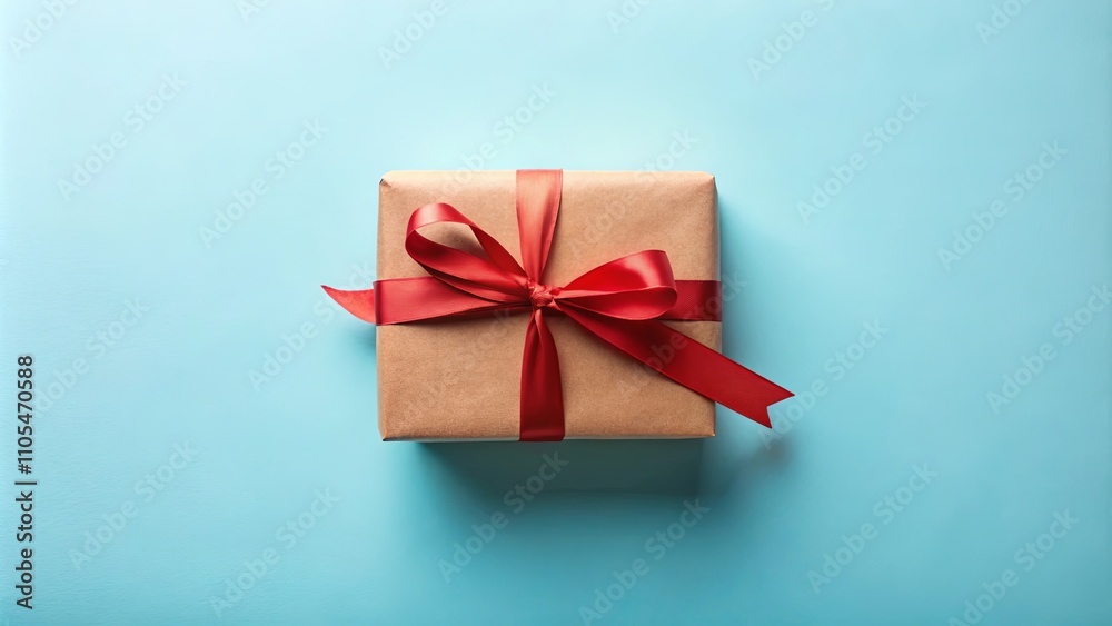A single wrapped gift box with a red ribbon bow on a light blue background A single wrapped gift box with a red ribbon bow on a light blue background