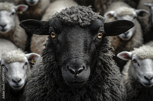 A close-up of a black sheep surrounded by white sheep in a flock.