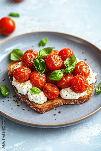 Plate of food with a slice of bread and tomatoes on top. The bread is toasted and the tomatoes are sliced. There is also a small amount of cheese on the plate. The plate is placed on a blue table