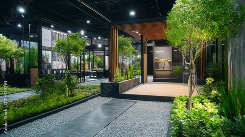 Ecofriendly product launch event modern expo center exhibition space urban garden environment outdoor perspective