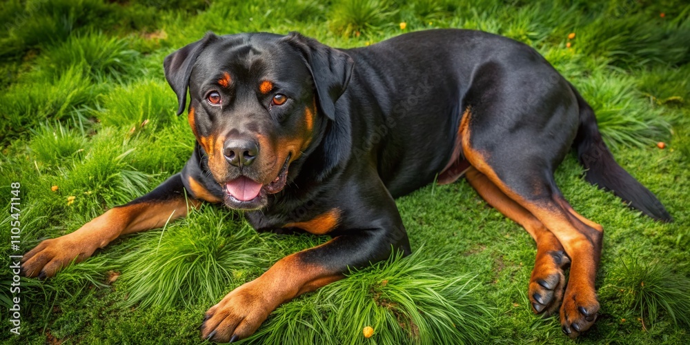 Obraz premium Aerial View of a Rottweiler with a Hotspot on Its Back, Capturing the Striking Contrast of the Dog's Coat and the Red Irritation for Veterinary and Pet Care Use