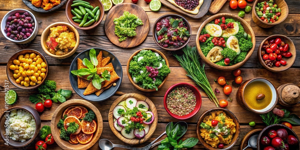 Aerial View of a Rustic Wooden Table Displaying a Variety of Fresh Food Bowls and Colorful Salads Perfect for Catering Events and Side Dishes for Gatherings Aerial View of a Rustic Wooden Table Displaying a Variety of Fresh Food Bowls and Colorful Salads Perfect for Catering Events and Side Dishes for Gatherings