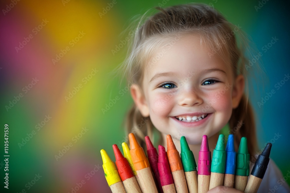 A cheerful child with sparkly eyes holds a row of colorful crayons, standing against a lively and colorful abstract background that emphasizes creativity and joy. A cheerful child with sparkly eyes holds a row of colorful crayons, standing against a lively and colorful abstract background that emphasizes creativity and joy.