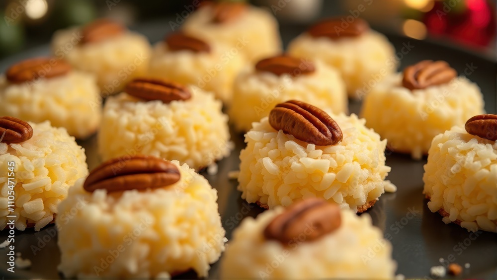 Golden coconut treats topped with pecans are arranged on a dark platter, highlighting their rich texture and festive appeal Golden coconut treats topped with pecans are arranged on a dark platter, highlighting their rich texture and festive appeal