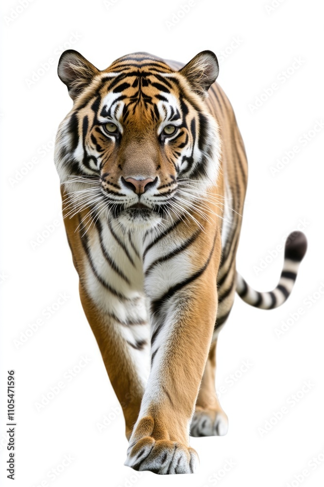 Obraz premium Tiger is walking on a white background. The tiger is the main focus of the image, and it is walking confidently and with purpose. The white background emphasizes the tiger's orange and black stripes