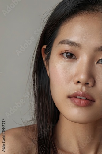 Elegant portrait of an Asian woman with glowing skin and natural makeup. Perfect for beauty, skincare, and cosmetics promotions, showcasing high-quality and natural beauty concepts