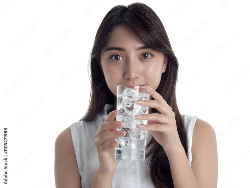 Woman is drinking a glass of ice water. Concept of refreshment and hydration, as the woman is holding a tall glass filled with ice cubes Woman is drinking a glass of ice water. Concept of refreshment and hydration, as the woman is holding a tall glass filled with ice cubes