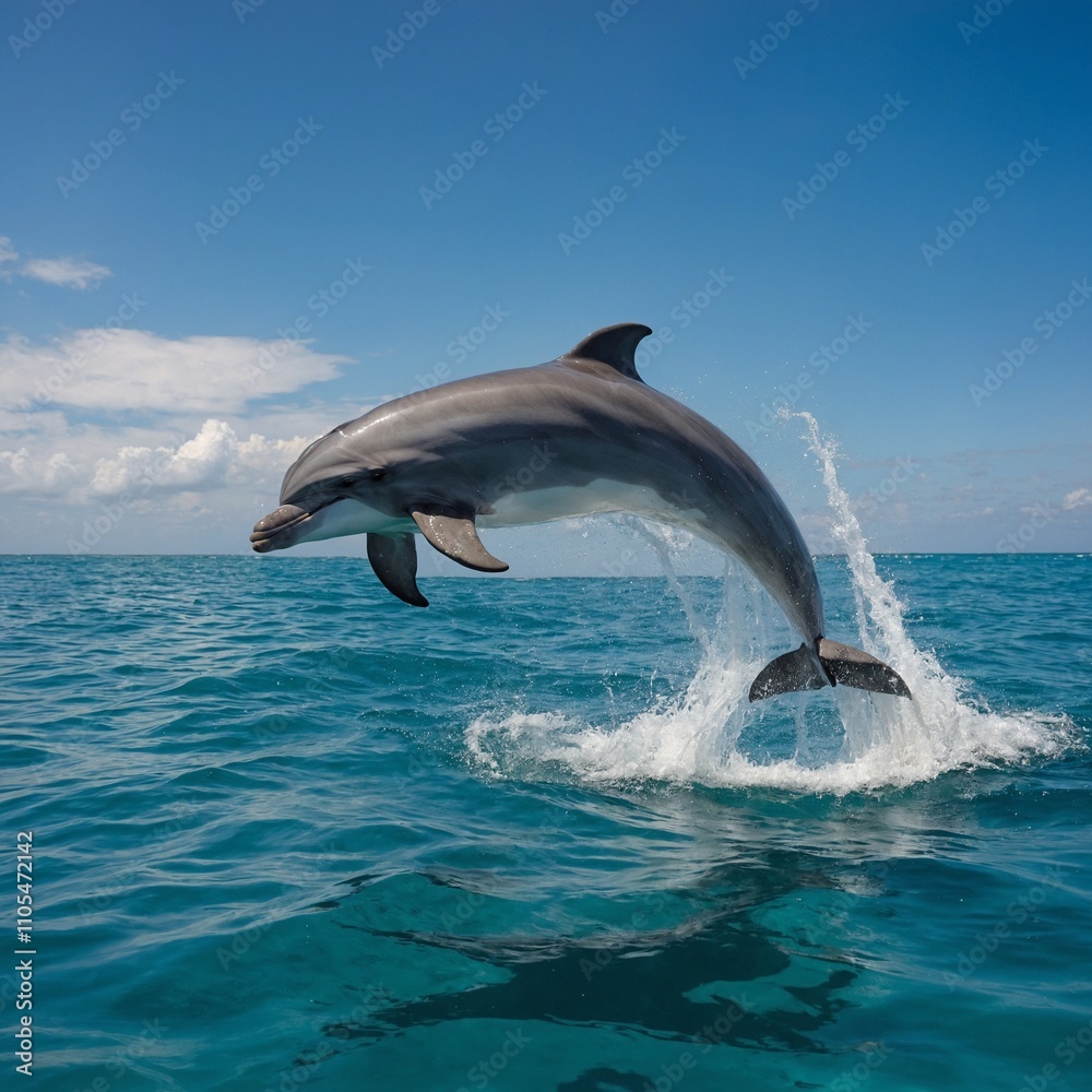 Fototapeta premium A majestic dolphin leaping out of the turquoise ocean.