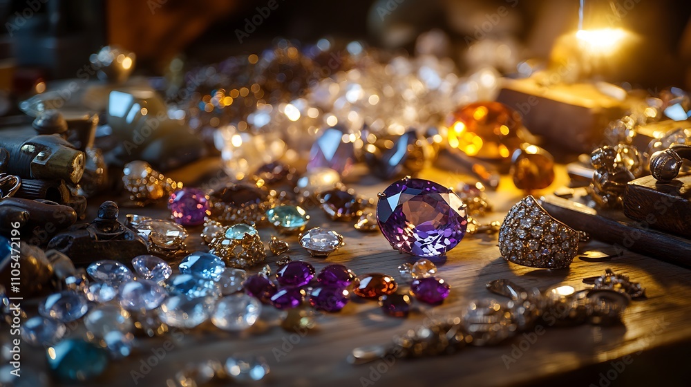 A jeweler desk cluttered with tools and gemstones, soft overhead light illuminating the intricacies of the gemstones and metalwork A jeweler desk cluttered with tools and gemstones, soft overhead light illuminating the intricacies of the gemstones and metalwork