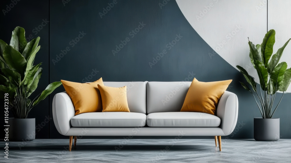 Modern living room stylish blue and white sofa vibrant wall art Modern living room stylish blue and white sofa vibrant wall art