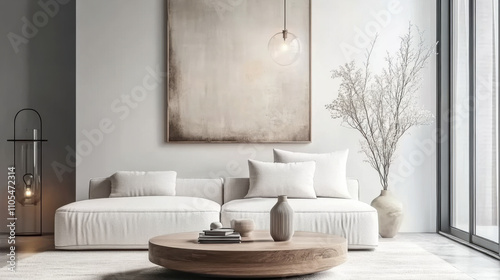 Minimalist and boho style interior design with modern living room and white sofa