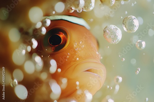 A detailed close-up of a clownfish surrounded by shimmering bubbles and intricate coral patterns, offering a glimpse into the mysterious underwater world. photo