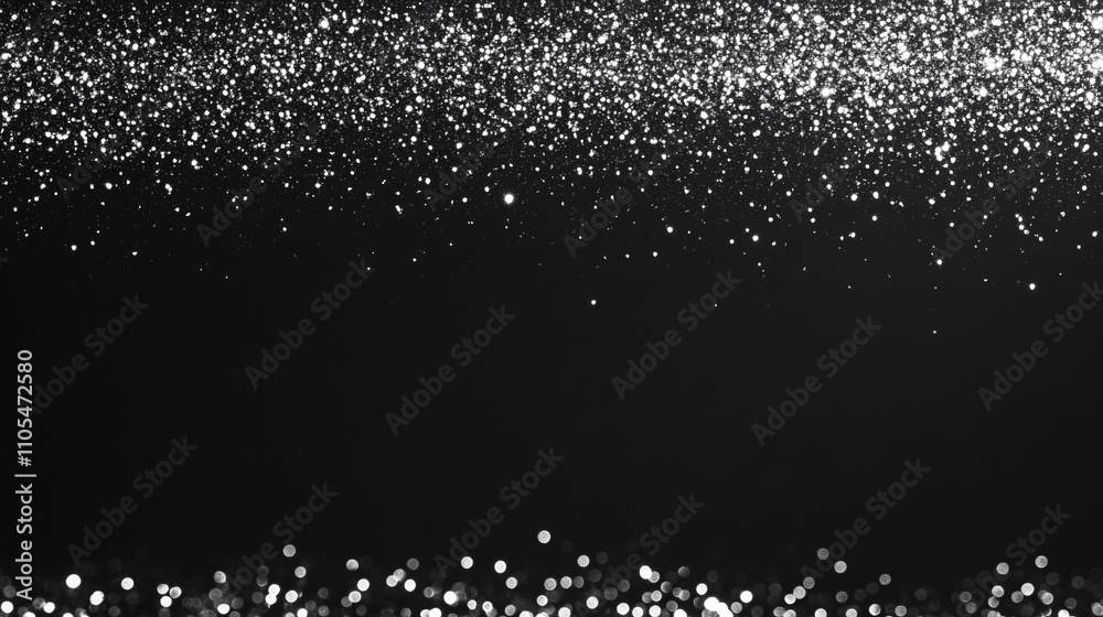A soft, glittering effect of silver confetti scattered evenly at the top of a midnight black background, with a blank area below for text A soft, glittering effect of silver confetti scattered evenly at the top of a midnight black background, with a blank area below for text