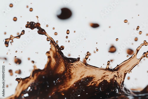 This image captures a dramatic splash of a dark liquid with scattered droplets, set against a plain background, emphasizing the motion and energy involved.