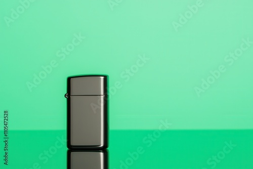 Lighters portable and smoking, A sleek, metallic lighter stands against a vibrant green backdrop, reflecting light and creating a modern aesthetic. photo