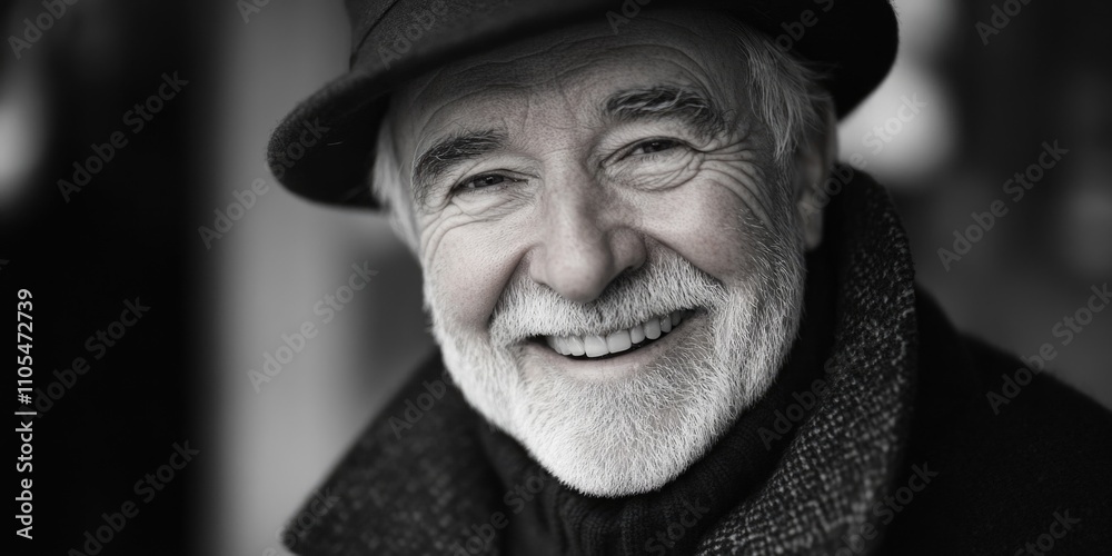 Man with a black hat and a white beard is smiling. He is wearing a black coat and a black hat Man with a black hat and a white beard is smiling. He is wearing a black coat and a black hat