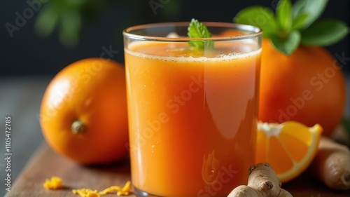 Carrot and orange smoothie with ginger - A refreshing glass of orange and ginger juice garnished with mint leaves, surrounded by fresh oranges and ginger on a wooden table