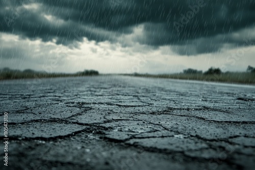 A long, cracked road stretches under a dark, stormy sky, with rain pouring down, symbolizing the feeling of challenge and perseverance in uncertain times. photo