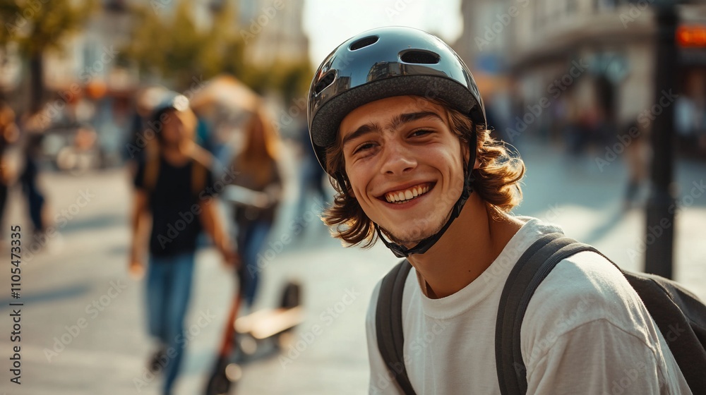 Smiling young man in helmet, city street. Smiling young man in helmet, city street.