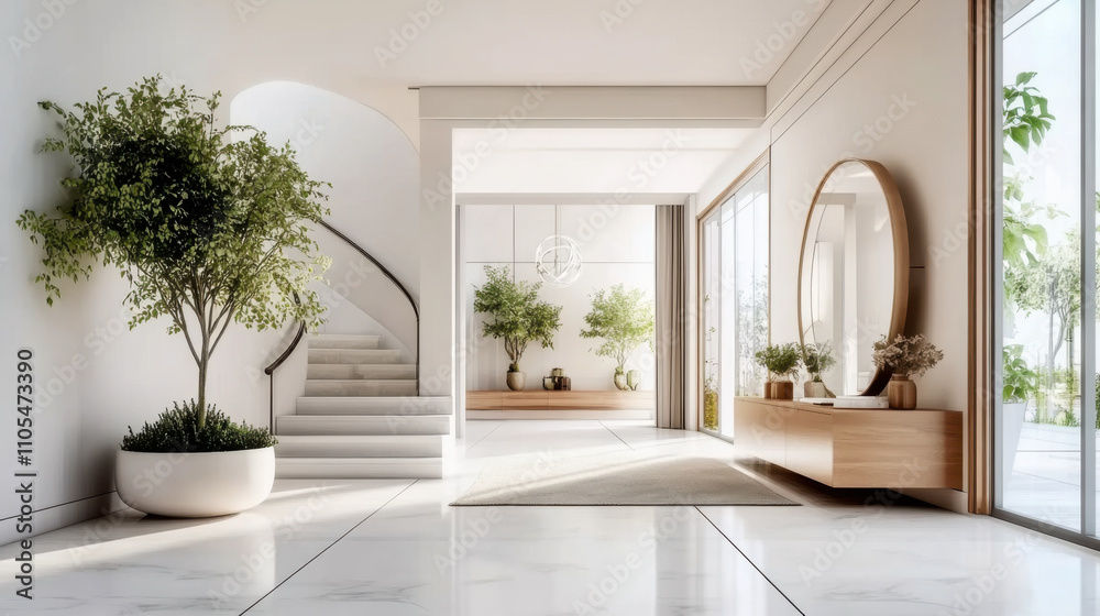 Interior design of modern and minimal entrance hall with staircase Interior design of modern and minimal entrance hall with staircase