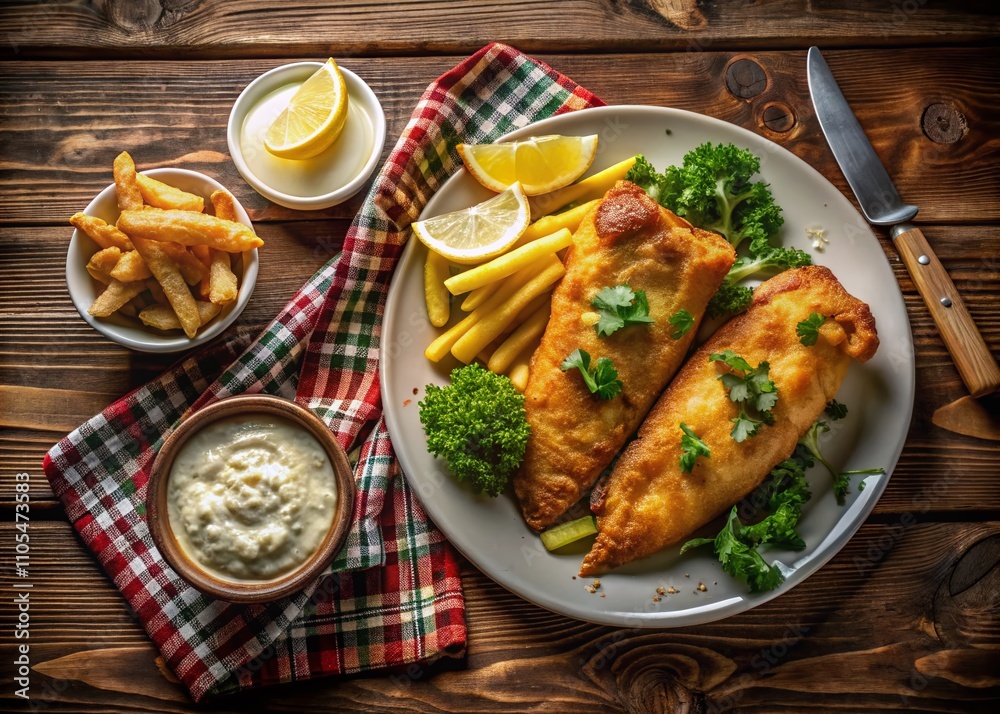 Aerial View of a Traditional Scottish Fish and Chips Meal Served in a Cozy Pub Atmosphere, Highlighting Crispy Battered Fish, Golden Fries, and Accompanying Tartar Sauce and Lemon Wedge Aerial View of a Traditional Scottish Fish and Chips Meal Served in a Cozy Pub Atmosphere, Highlighting Crispy Battered Fish, Golden Fries, and Accompanying Tartar Sauce and Lemon Wedge