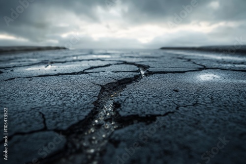 A cracked surface on an endless road meets dark, brooding storm clouds, casting an atmospheric and foreboding scene filled with tension and anticipation. photo