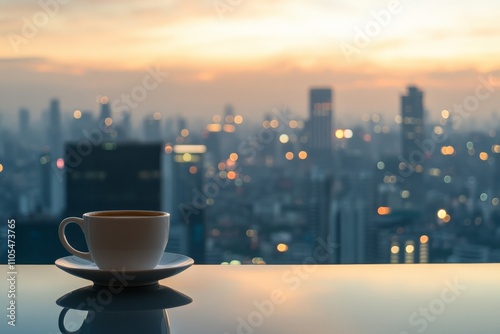 A tranquil coffee cup sits next to a golden sunset city view, providing a peaceful juxtaposition between the everyday ritual and the expansive city skyline fading into dusk. photo