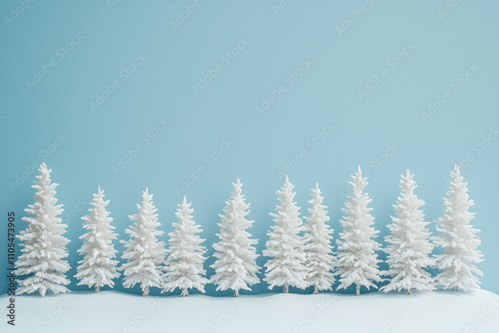 Fototapeta premium Row of snow-covered fir trees on a blue background.