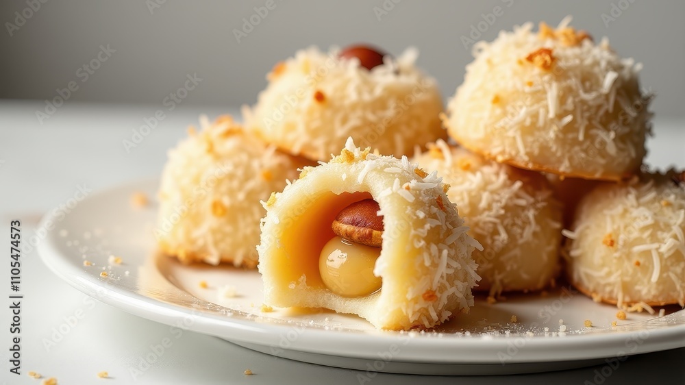 A close-up of coconut-covered dessert balls, one revealing a luscious creamy filling and pecan on a white plate