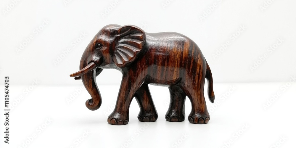 A wooden elephant figurine displayed on a clean, white background.