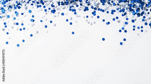 Silver and blue confetti dots scattered lightly on a frosty white background, with an open space in the center for writing