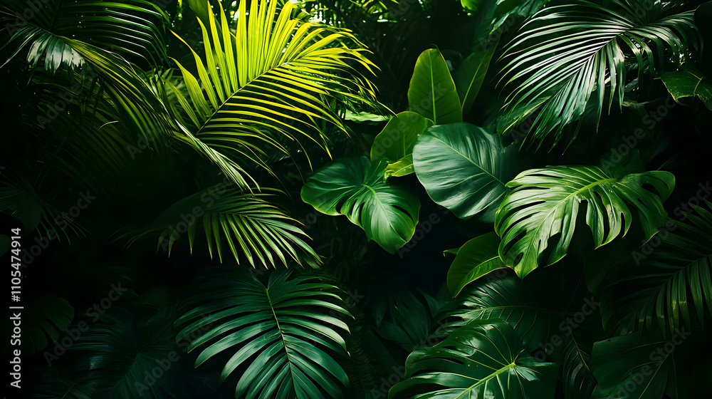 Lush Tropical Foliage: A Dark Green Abstract Background of Palm and Monstera Leaves