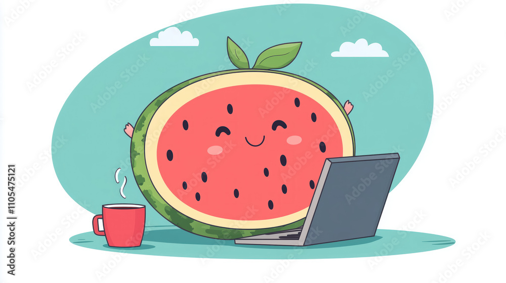 Illustration of a watermelon working in the office