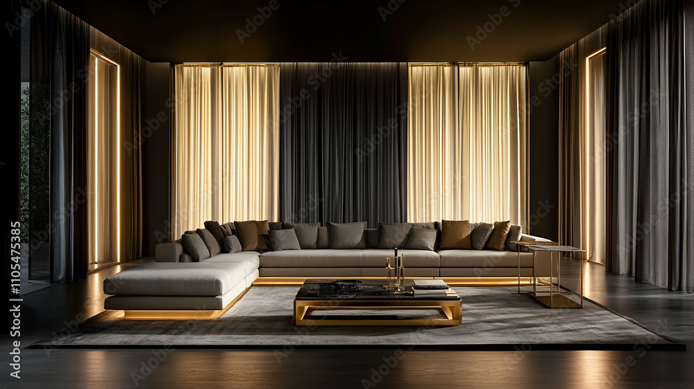 Luxurious L-Shaped Sectional Sofa with Gold Accents in a Modern Living Room Luxurious L-Shaped Sectional Sofa with Gold Accents in a Modern Living Room