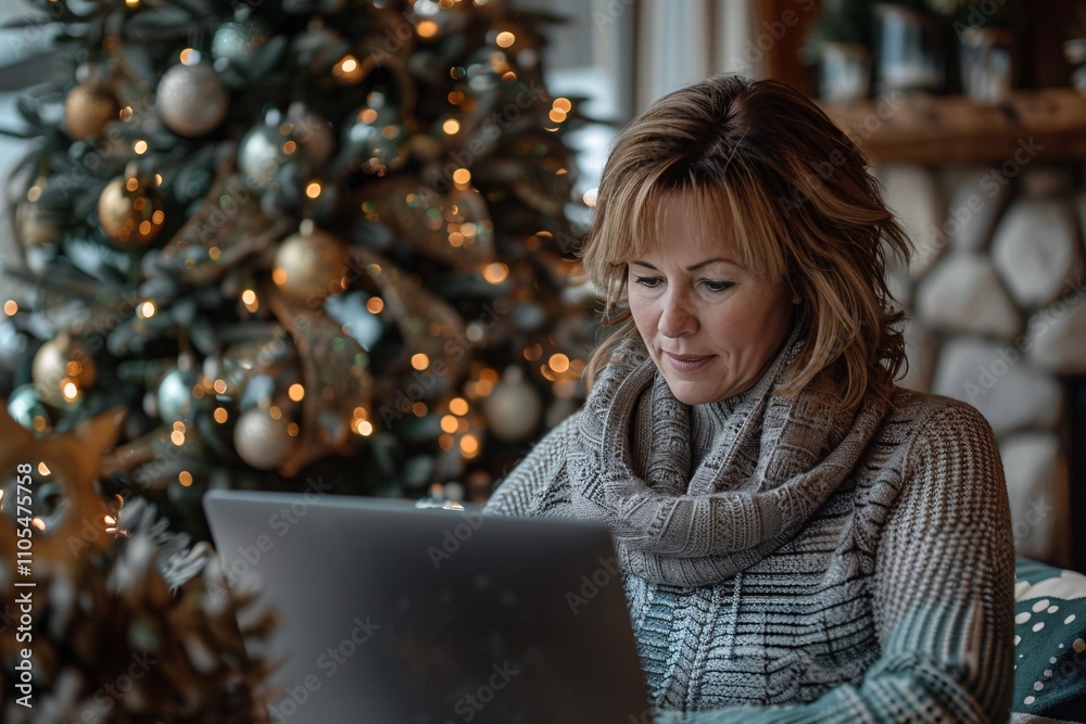 A woman concentrated on her laptop sits in a warm and inviting living room adorned with a beautifully lit Christmas tree and holiday decorations A woman concentrated on her laptop sits in a warm and inviting living room adorned with a beautifully lit Christmas tree and holiday decorations
