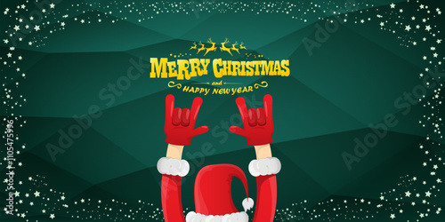 Merry christmas horizontal banner with Santa Claus rock n roll style and santa red hat isolated on green background with stars. Merry Christmas hipster Rock n roll party poster, flyer design template.