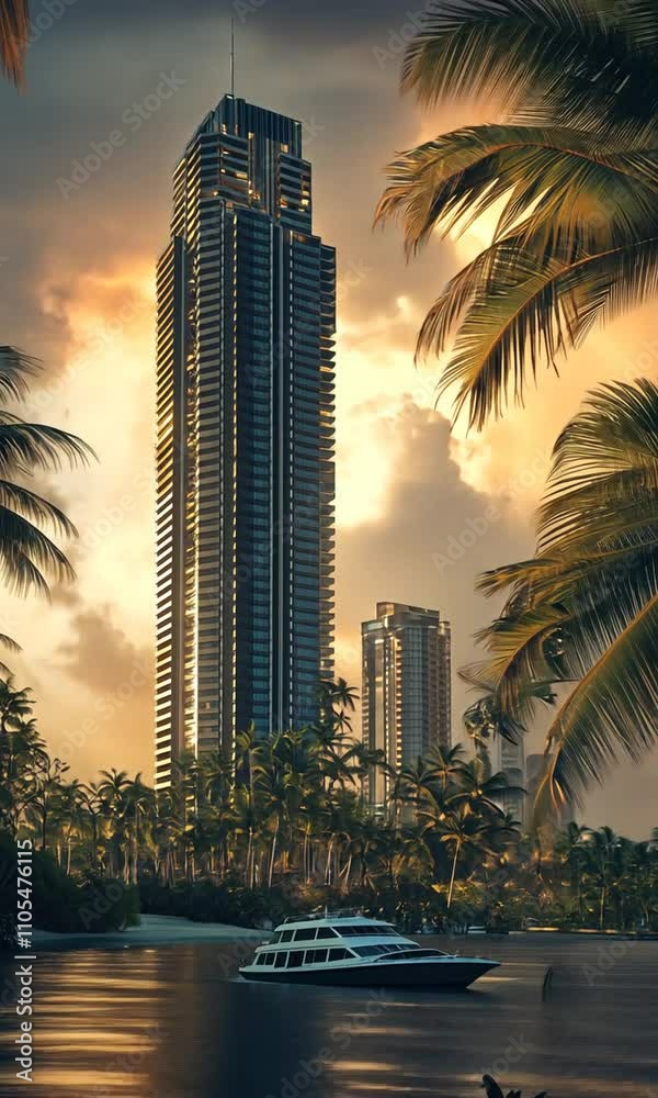 A stunning sunset view of a modern skyscraper surrounded by lush palm trees and tranquil waters.