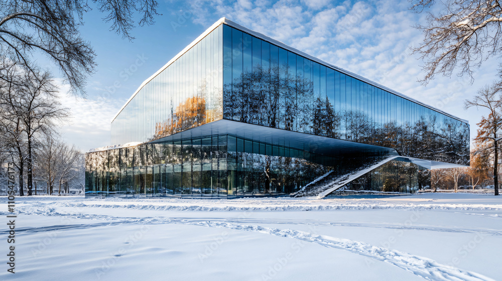 A modern glass building with snow accumulating on its sharp edges, reflecting the winter sky. A modern glass building with snow accumulating on its sharp edges, reflecting the winter sky.