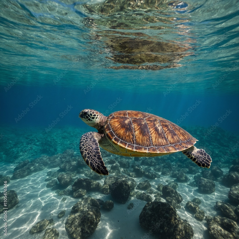 Fototapeta premium A serene sea turtle gliding through crystal-clear waters.